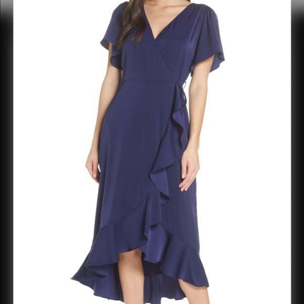 Chelsea28 navy true wrap flutter dress